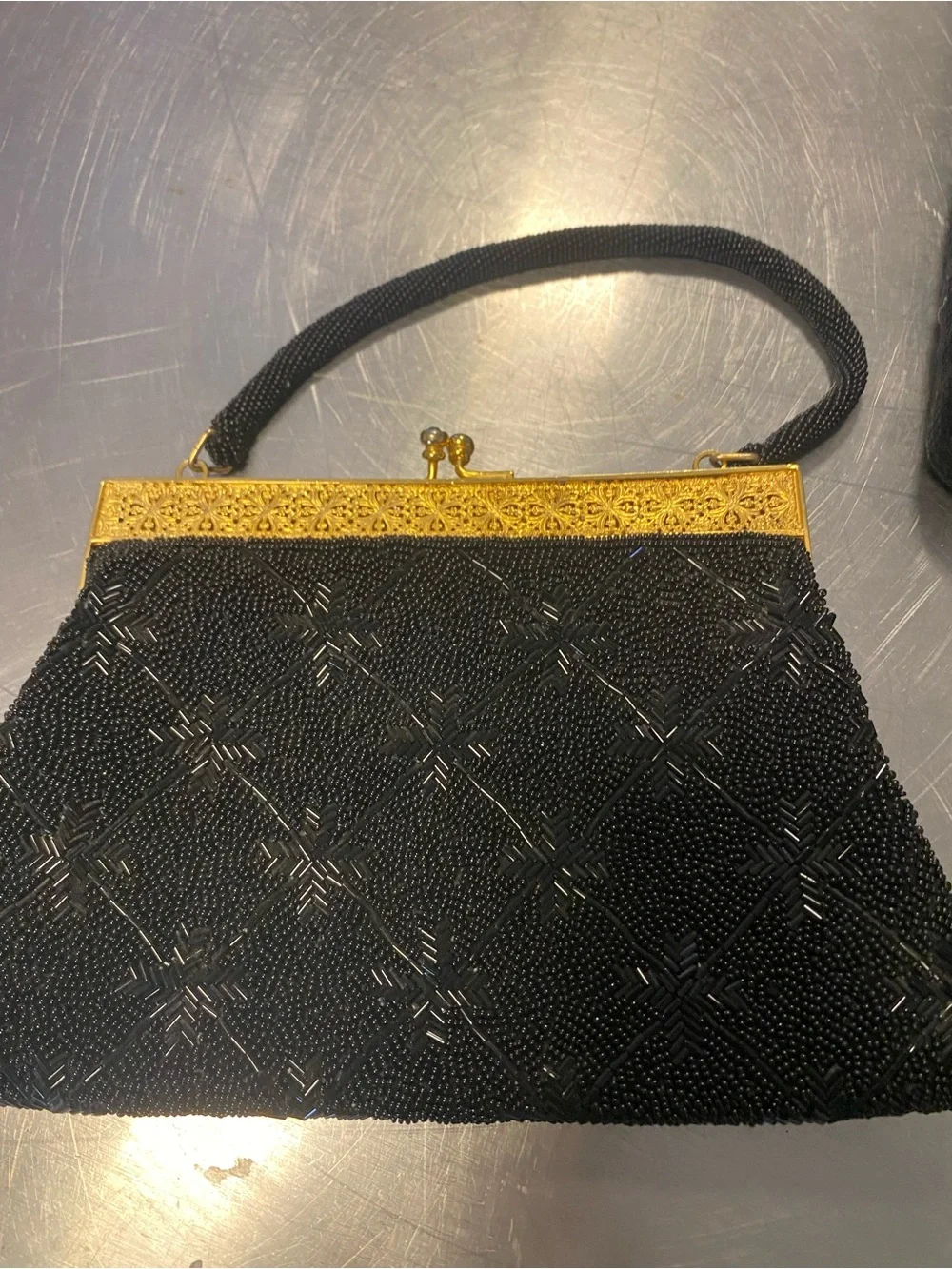 Vintage-Inspired Black Beaded Evening Bag with Gold Frame
